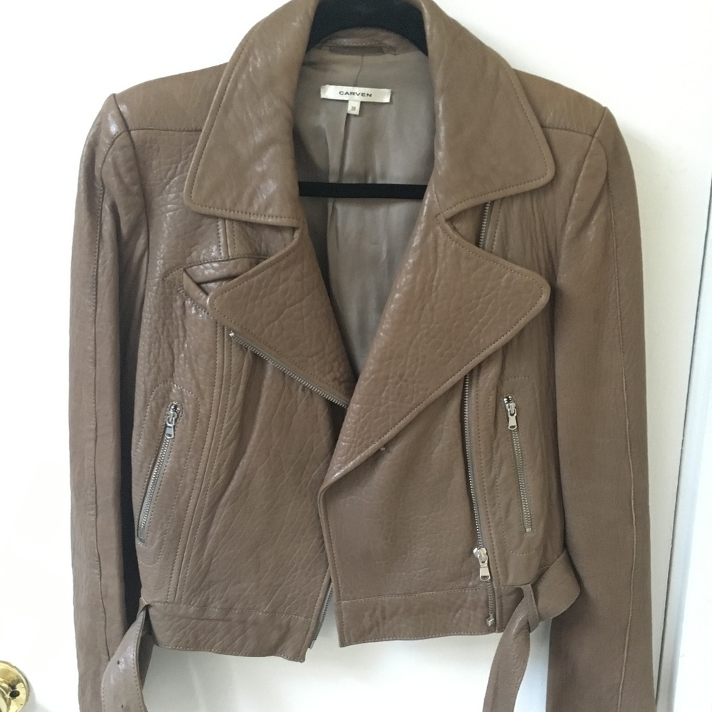 Carven Taupe Leather Motorcycle Jacket w/ Belt, 38